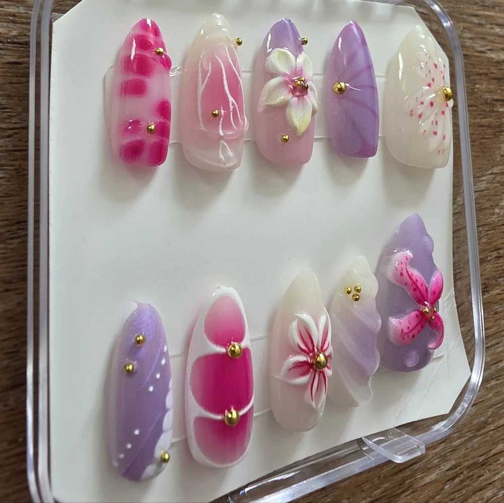 3D Floral & Hibiscus Press-On Nails | Purple & Pink | Size Medium